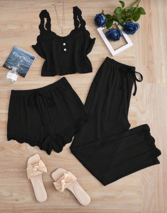 Черeн дамски комплект за сън и домашно облекло – 3 части с дантела