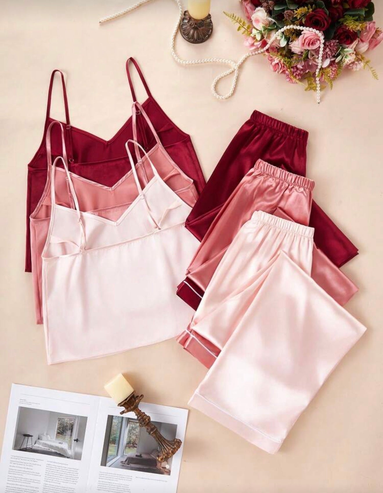 Vibe Lingerie Сатенен Пижамен Комплект RED от 6 части – Елегантност и Комфорт