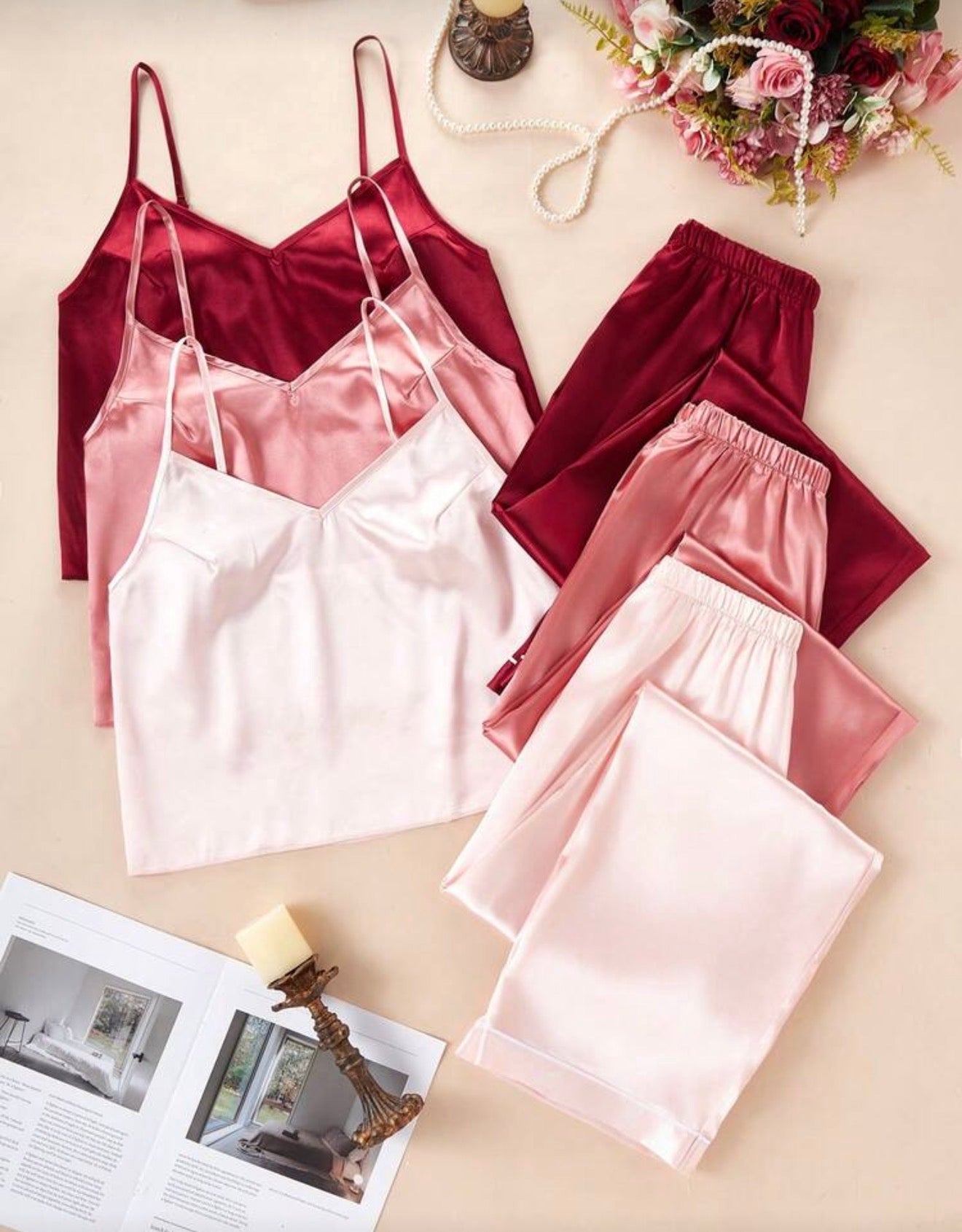 Vibe Lingerie Сатенен Пижамен Комплект RED от 6 части – Елегантност и Комфорт