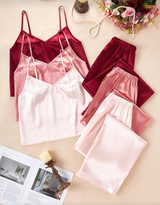 Vibe Lingerie Сатенен Пижамен Комплект RED от 6 части – Елегантност и Комфорт