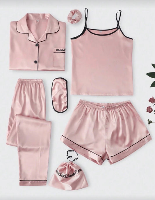 Луксозен дамски сатенен пижамен комплект – 7 части