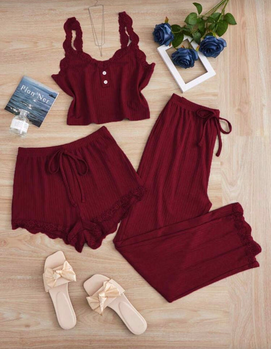 Бордо дамски комплект за сън и домашно облекло – 3 части с дантела