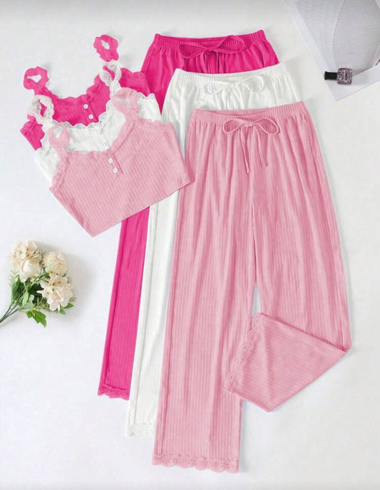 Дамски пижамен комплект с дантела – потник и дълъг панталон PİNK 6 части