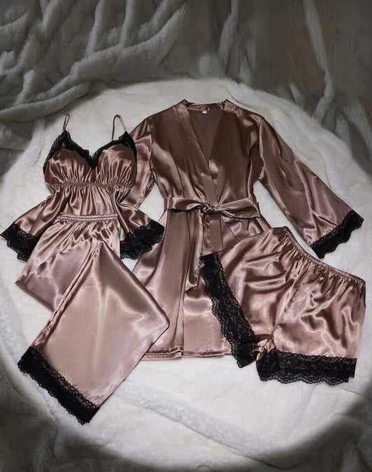 Дамски сатенен комплект за спане с халат и дантела – големи размери (4 части)